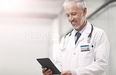 Buy stock photo Doctor, tablet and mature man in hospital, healthcare and digital app for online schedule. Medical, professional or employee with technology, wellness or website info for medicine, internet or typing