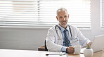 Healthcare, doctor and portrait of man on laptop in office for medical results, research and online consulting. Professional, hospital and mature person on computer for analysis, service and wellness