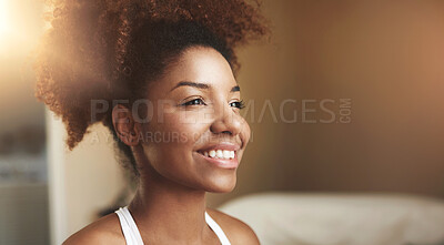 Buy stock photo Woman, thinking and happy for memory in home with mockup space, daydreaming or wondering in morning. Person, face and thoughtful with smile for remember, inspiration or ideas with sunlight in bedroom