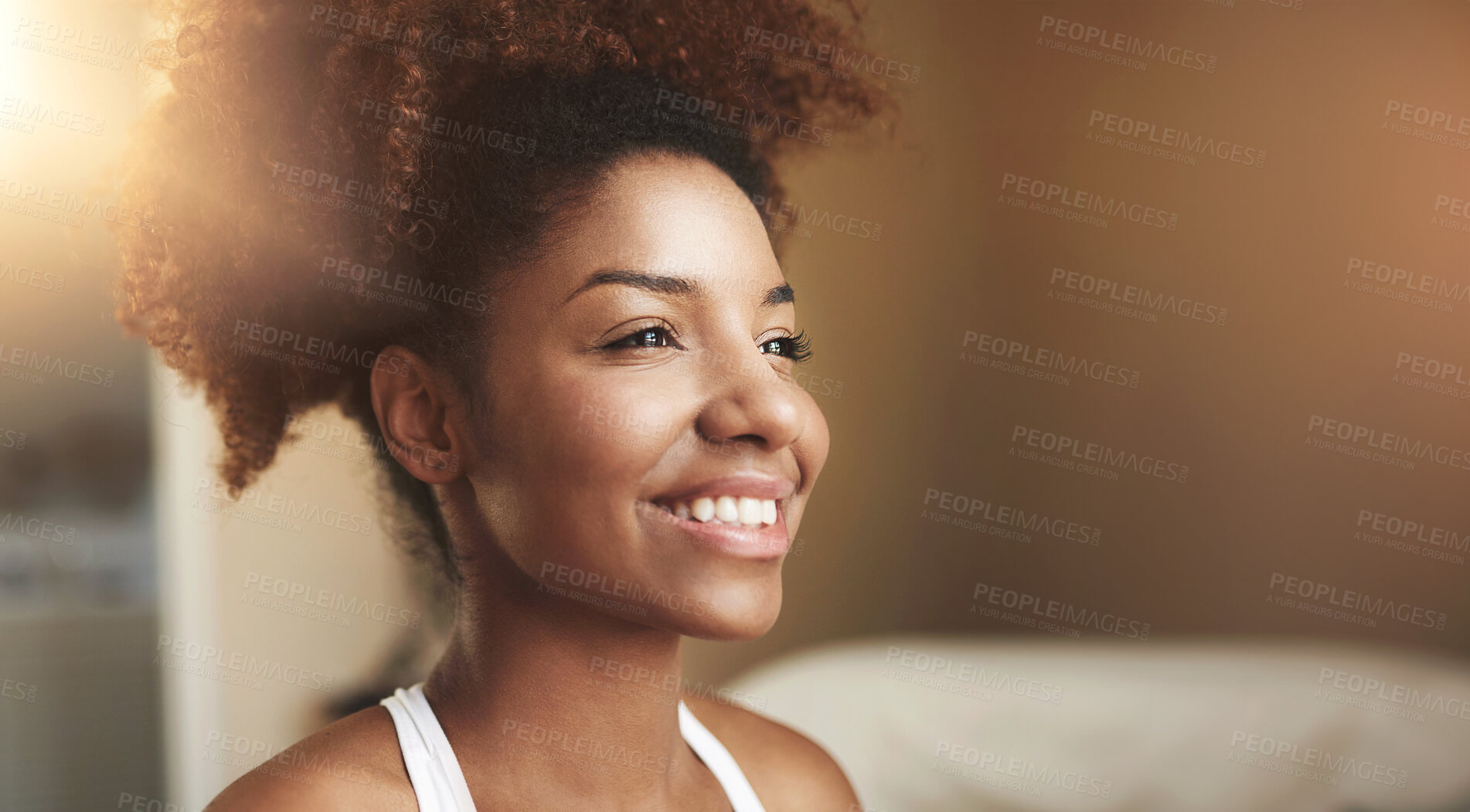 Buy stock photo Woman, thinking and happy for memory in home with mockup space, daydreaming or wondering in morning. Person, face and thoughtful with smile for remember, inspiration or ideas with sunlight in bedroom