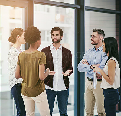 Buy stock photo Business people, talking or networking at meeting in office with b2b, sharing ideas or planning project. Collaboration, professional employees or discussion in workplace with speaker or brainstorming