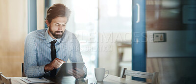Buy stock photo Tablet, typing and business man in modern office for online project, website review and b2b networking. Professional, corporate and worker on digital technology for research, report and planning