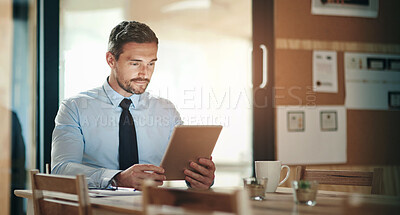 Buy stock photo Internet, office and business man on tablet for research, website and reading news blog. Corporate, professional and person on digital technology working on online project, planning and review