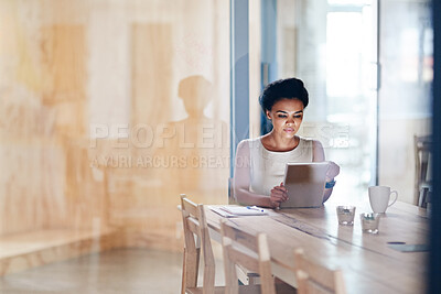 Buy stock photo Business woman, tablet and conference room with tech and digital planning for labor law case. Research, professional and reading on the internet and website at an attorney firm with mockup space