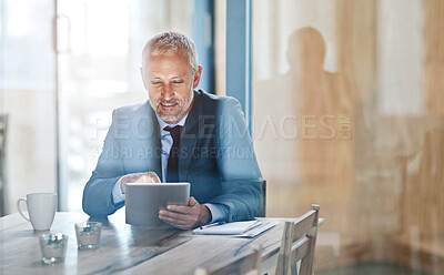 Buy stock photo Tablet, typing and mature business man in office for online project, website review and client networking. Professional, corporate and worker on digital technology for research, report and planning