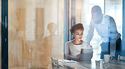 Buy stock photo Business woman, tablet and collaboration with staff and planning of tech for research on law case. Digital, labor lawyer and teamwork with discussion and professional in conference room with glass
