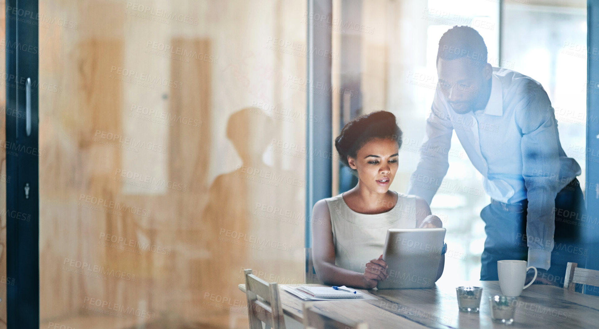 Buy stock photo Business woman, tablet and collaboration with staff and planning of tech for research on law case. Digital, labor lawyer and teamwork with discussion and professional in conference room with glass