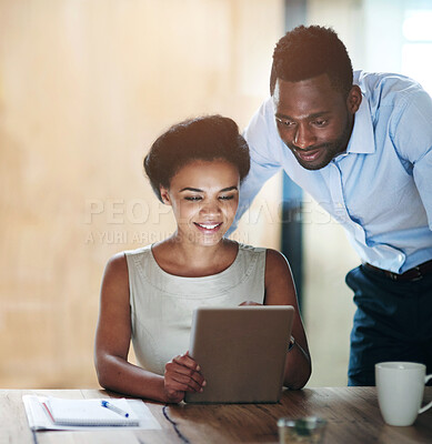 Buy stock photo Business people, tablet and collaboration with digital finance advisor and teamwork in conference room. Office, tech and financial professional with black woman and online project for web audit