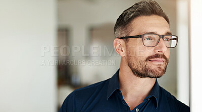 Buy stock photo Thinking, businessman and glasses in office with ideas for corporate vision, goals and company success. Workplace, thoughtful and male lawyer with eyewear for growth mindset, career and future case