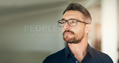 Buy stock photo Thinking, businessman and glasses in workplace with ideas for corporate vision, goals and company success. Office, thoughtful and male lawyer with eyewear for growth mindset, career and future case