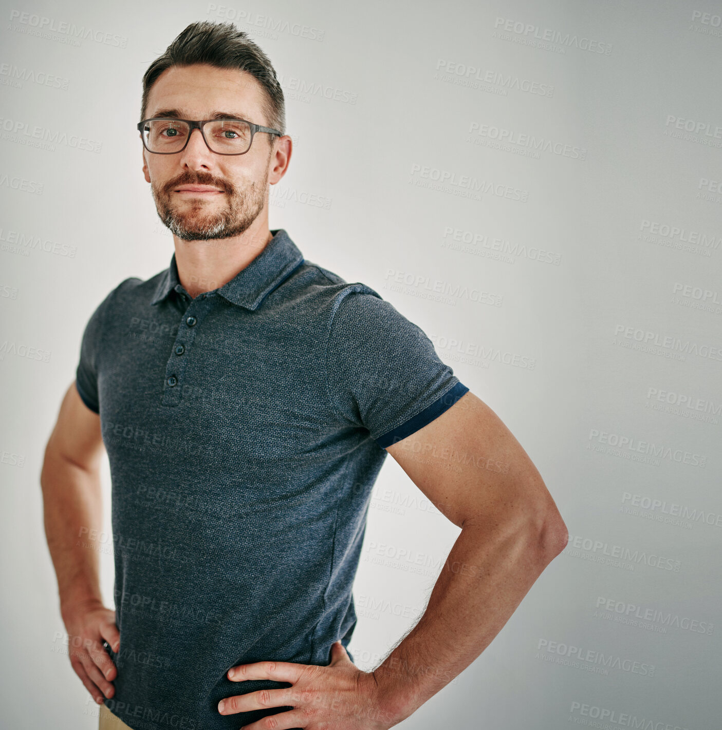 Buy stock photo Man, portrait and glasses in studio for eye sight or vision on white background for optometry, frames or mockup space. Male person, face and confidence for healthy checkup or spectacles, lens or care