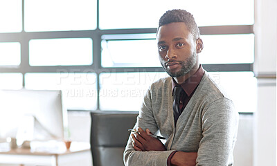 Buy stock photo Creative, black man and portrait by window in office of designer agency for work as publicist for media or public relations. Male employee, confident and happy for reputation management for company.