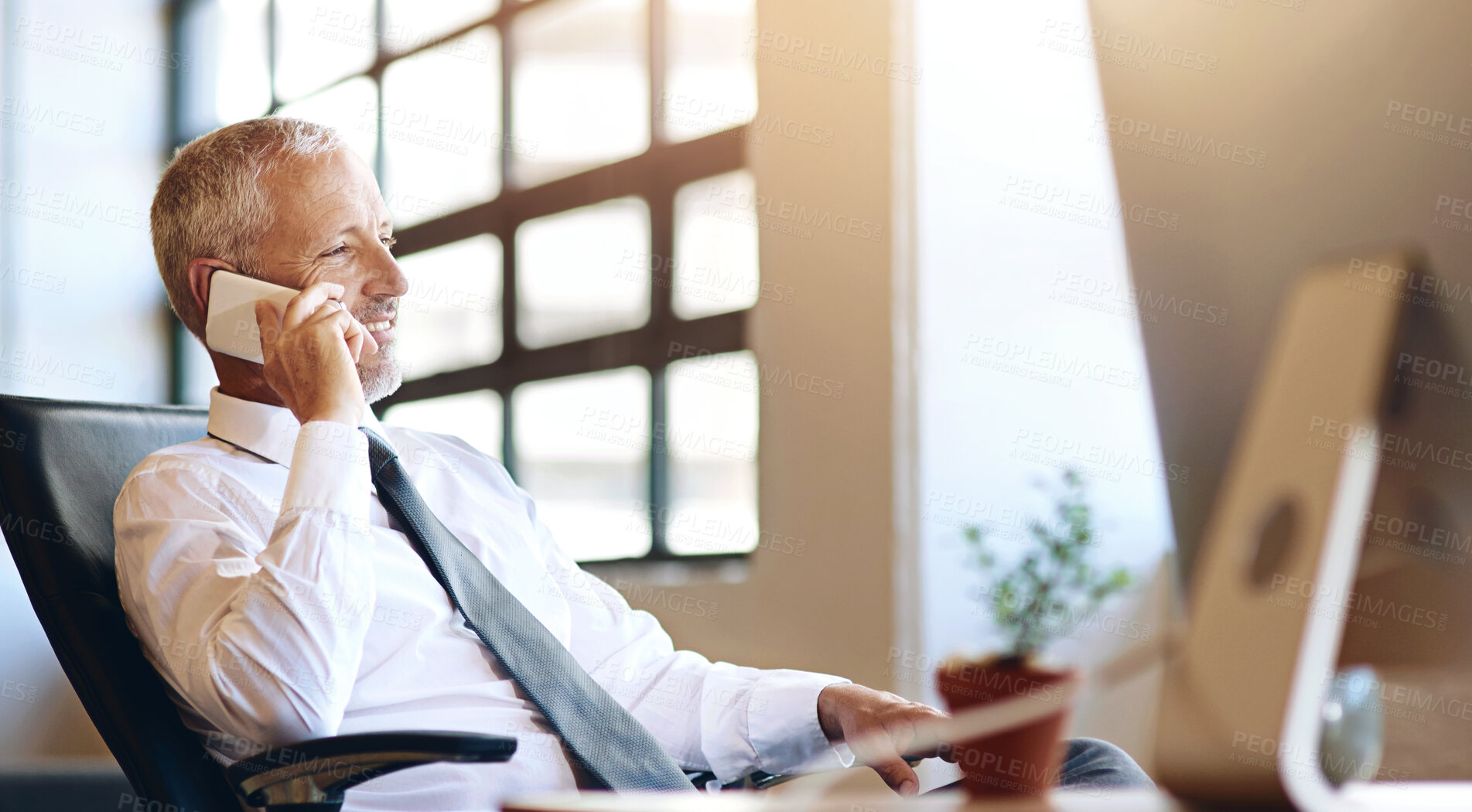 Buy stock photo Mature businessman, smile and phone call in office with communication for financial deal and negotiation. Boss, corporate employer and smartphone with networking, investment contact or b2b consulting