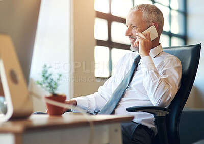 Buy stock photo Mature businessman, CEO and phone call in office with networking for financial deal or negotiation. Executive, corporate employer or happy with smartphone for investment contact or trading discussion