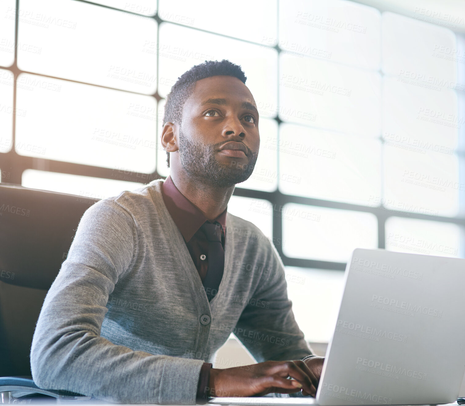 Buy stock photo Business, thinking and black man with laptop, ideas and opportunity with decision, solution and choice. African person, web designer or employee with computer, thoughts or problem solving for project
