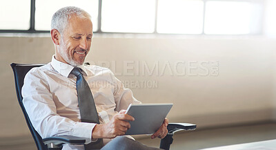 Buy stock photo Tablet, business and mature man in office, typing and smile with social media, employee and network. Economy analyst, person and connection with tech, message to contact and digital app for trading