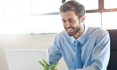 Happy, businessman and computer for good news, feedback or email from boss about work performance. Excited, male person or employee and laptop for communication, contact and support at desk in office