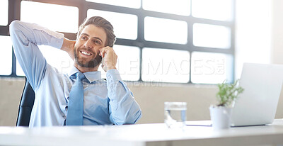 Buy stock photo Business, phone call and man with conversation, connection and talking in modern office. Person, economy analyst and employee with cellphone, mobile user and communication with digital app or network