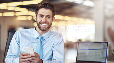 Buy stock photo Smile, business and man with smartphone, portrait and internet with social media, pc or network. Economy analyst, mobile user or employee with cellphone, message to contact or digital app for trading