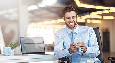 Buy stock photo Laptop, phone and businessman in office with smile for typing company email online for communication. Happy, technology and professional attorney networking on internet with cellphone in law firm.