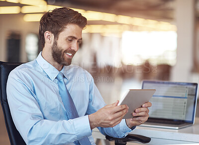 Buy stock photo Man, business and smile with tablet in office for research, schedule and idea for development of company as entrepreneur. Happy, male person and digital tech for agenda, reading and email at work
