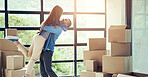 New home, excited and couple with box for moving for house, property mortgage and real estate investment. Homeowner, marriage and man embrace woman to celebrate for relocation, packing and rental