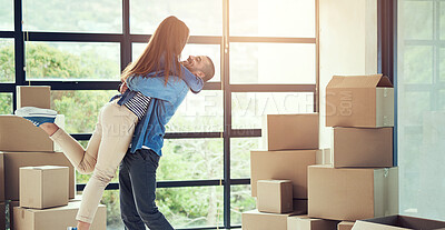 Buy stock photo New home, excited and couple with box for moving for house, property mortgage and real estate investment. Homeowner, marriage and man embrace woman to celebrate for relocation, packing and rental