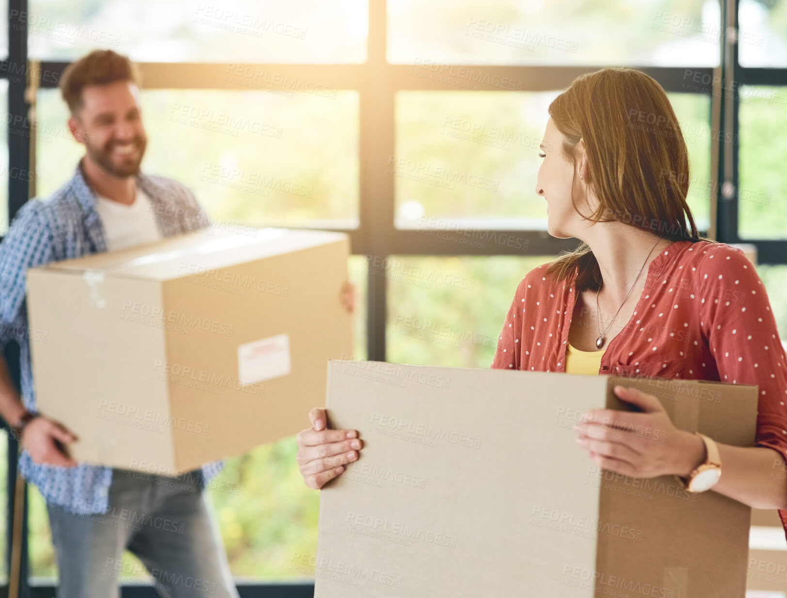 Buy stock photo Moving, boxes and excited couple in new house with happiness for property, investment and opportunity. Home, relocation and people in real estate to apartment to rent with transport of package