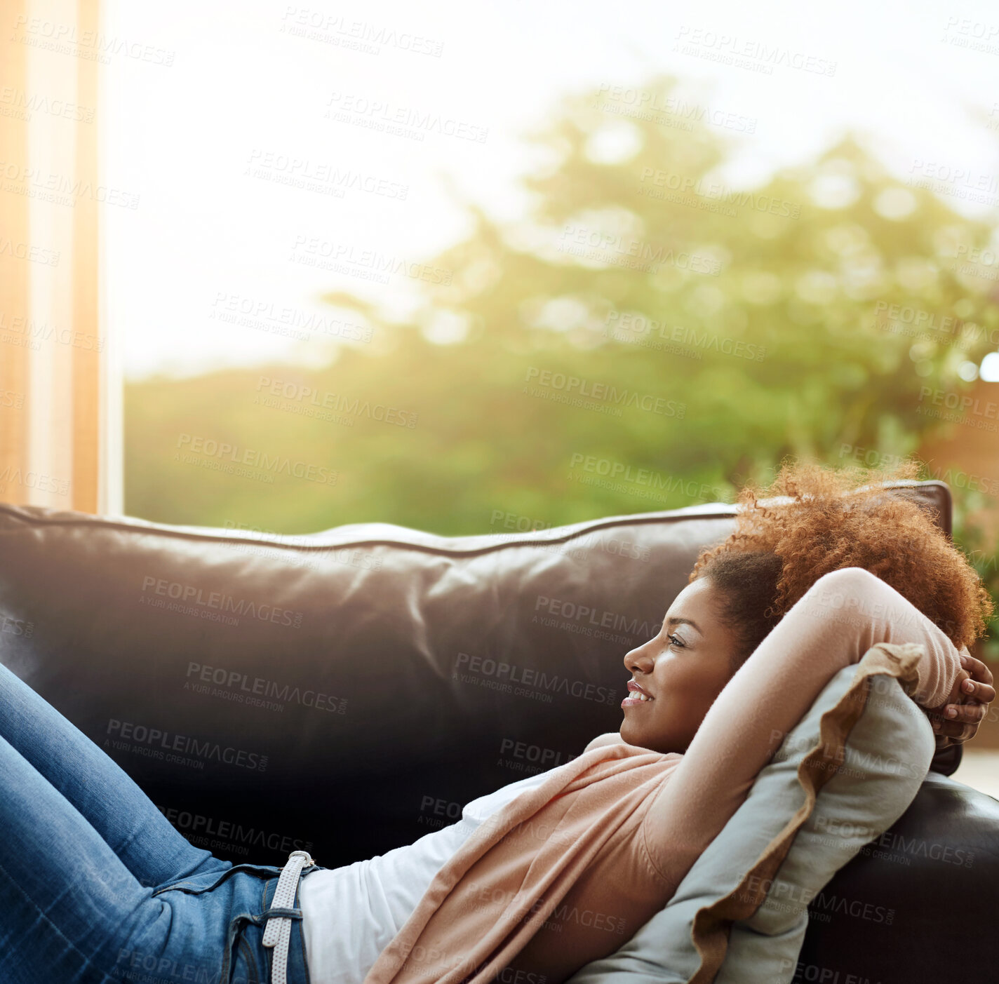 Buy stock photo Relax, thinking and woman on sofa in home with tired smile, mindfulness and morning zen in living room. Rest, wellness and happy girl on couch with reflection, inspiration and peace in apartment.