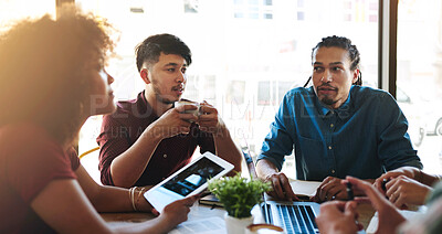 Buy stock photo People, university student and study group with tech at cafe on campus to talk exams, test and assignment. College learner, teamwork and collaboration with studies, progress and project ideas