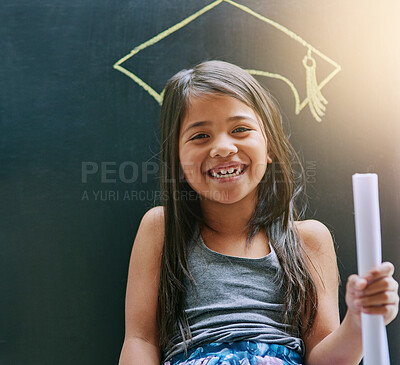 Buy stock photo Portrait, little girl and blackboard with drawing, graduation cap and smile with daydreaming, school and happiness. Future, face and kid with degree, child development and creativity with certificate