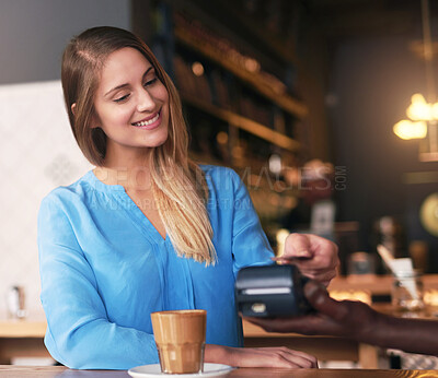 Buy stock photo Cafe, POS and customer with credit card for payment in coffee shop with easy fintech machine for shopping. Money, sale and person at register with cashier to process transaction in small business