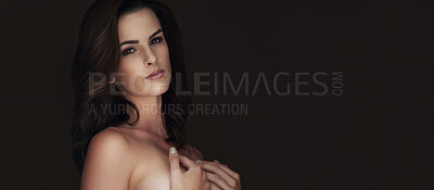 Buy stock photo Cover, portrait and breast of woman in studio for sensual, cleavage or temptation on black background. Dark space, topless or chest with banner of girl for attractive, flirting or desire for wellness