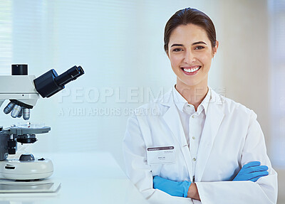 Buy stock photo Portrait, science and woman with arms crossed, research or breakthrough with microscope, test or medical. Face, person or employee with biotech, scientist or equipment with vaccine or career ambition