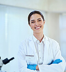 Science, laboratory and portrait of woman with crossed arms for medical discovery, research and study. Healthcare, professional and scientist with equipment for sample, experiment and examine virus