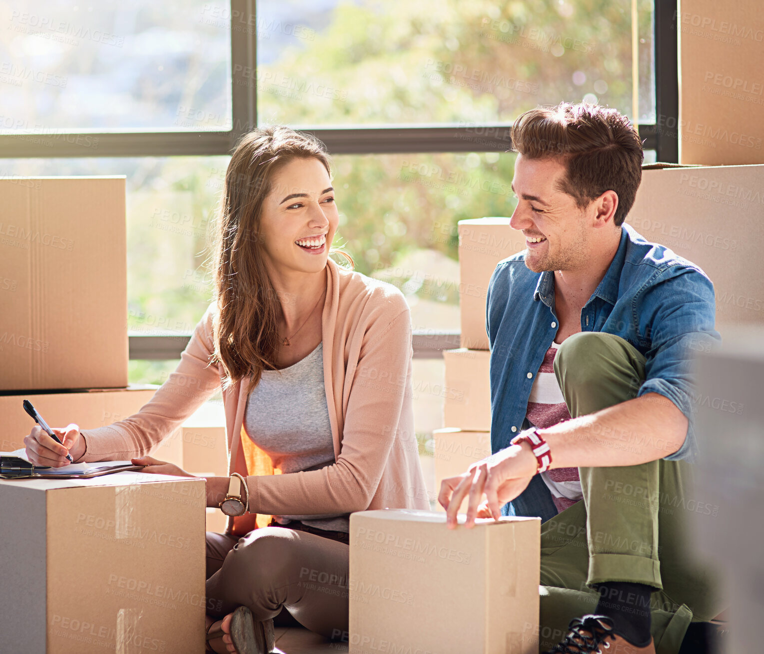 Buy stock photo Happy, couple and box with documents in home for mortgage loan, real estate and property agreement. Man, woman and love with smile on floor for new house, investment and signature of paperwork
