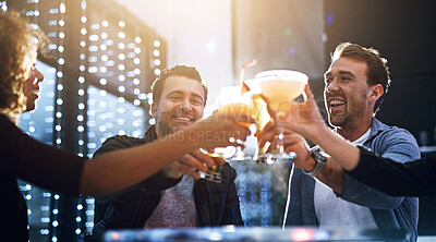 Buy stock photo Friends, happy and cheers in club for party or event for nightlife, bonding and friendship with fun or laughter. Alcohol, toast and raising glasses with excitement for celebration, together and drink