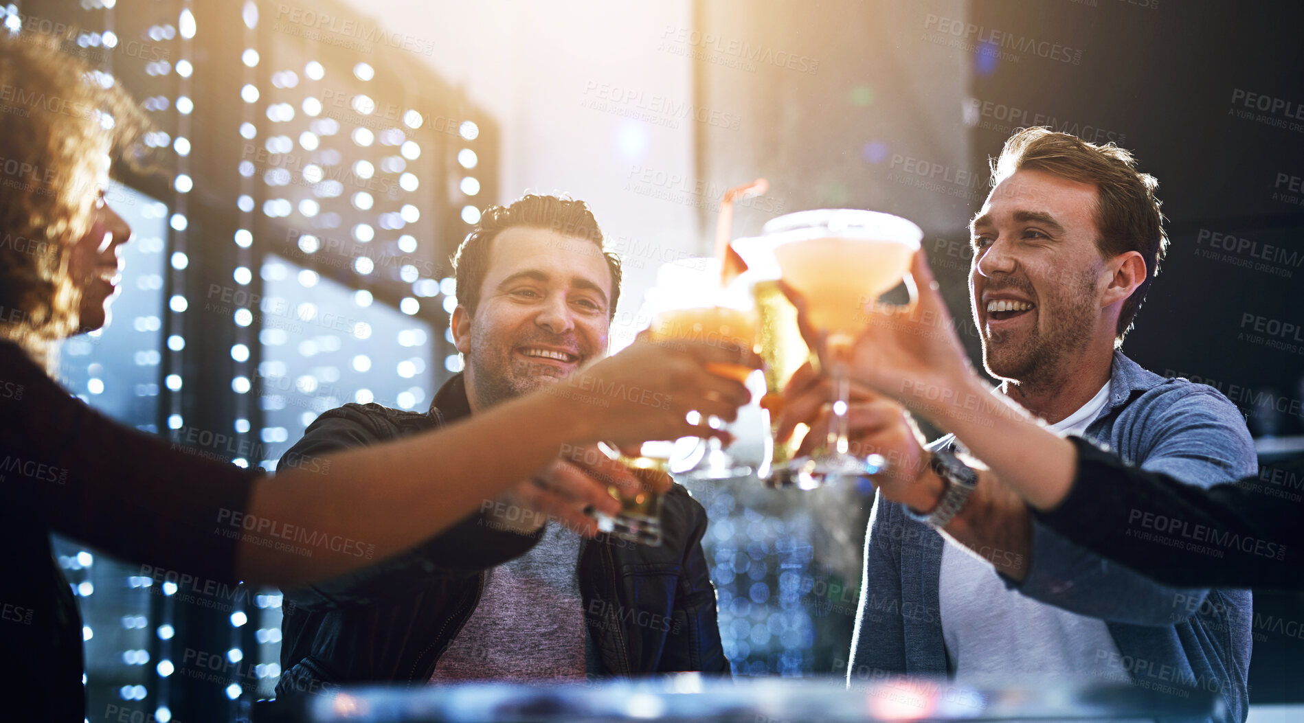 Buy stock photo Friends, happy and cheers in club for party or event for nightlife, bonding and friendship with fun or laughter. Alcohol, toast and raising glasses with excitement for celebration, together and drink