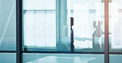 Buy stock photo Modern office, business people and handshake with teamwork, partnership or cooperation with planning, real estate or contract. Rent agreement, property development or shaking hands for lease or owner
