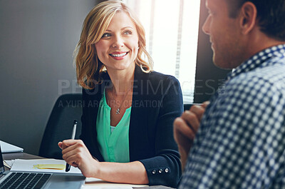 Buy stock photo Coworking, office and woman chat about teamwork, collaboration or support employee on project. Happy, meeting or people in planning discussion with journalist excited for creative article or research