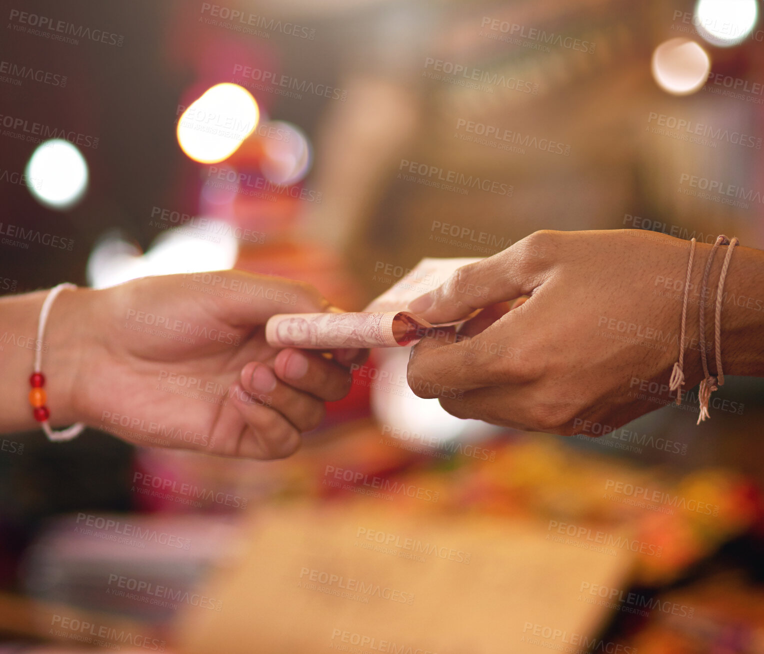Buy stock photo City, money and hands of people with cash for payment, purchase and service in food market. Night, restaurant and server with notes for customer paying for dinner, meal and supper in urban street
