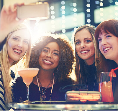 Buy stock photo Wine, cocktail and women with club selfie, smile or happy hour with bonding photography. Friends, night and crowd with profile picture for mojito, party or birthday reunion at restaurant disco event