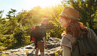 Buy stock photo Couple, hiking and mountain travel for holiday, adventure and happy journey for bonding in nature. Outdoor, people and honeymoon vacation or date together, explore and love in jungle or wilderness