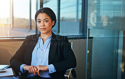 Buy stock photo Office, corporate and portrait of business black woman at desk with company pride, confidence and ambition. Professional lawyer, legal consultant and person for career, job and working for law firm