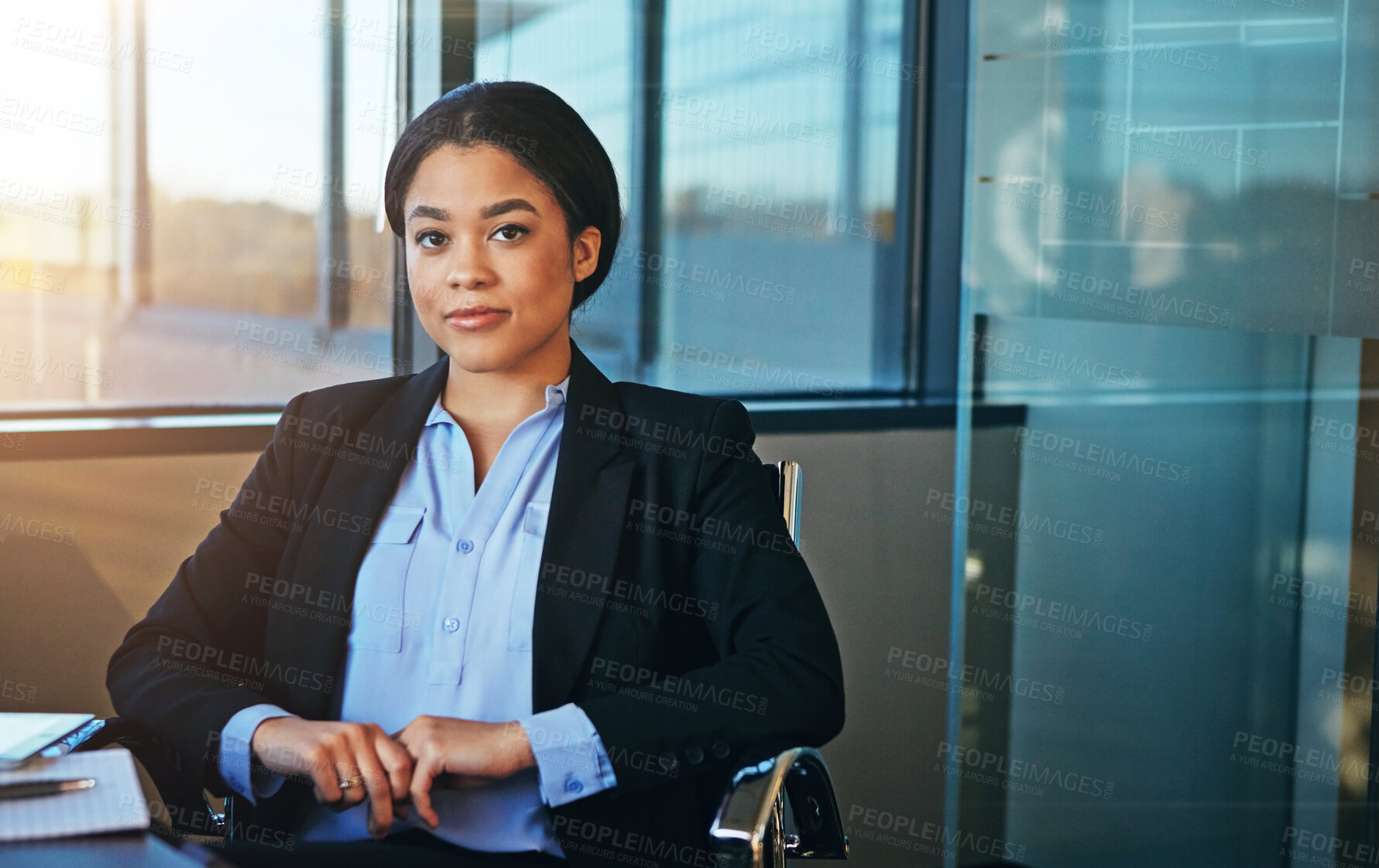 Buy stock photo Office, corporate and portrait of business black woman at desk with company pride, confidence and ambition. Professional lawyer, legal consultant and person for career, job and working for law firm