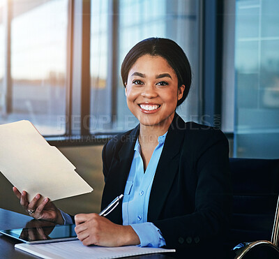 Buy stock photo African lawyer, woman and portrait with documents, writing and happy for compliance at commercial law firm. Person, advocate or attorney with smile for signature on legal report in modern office