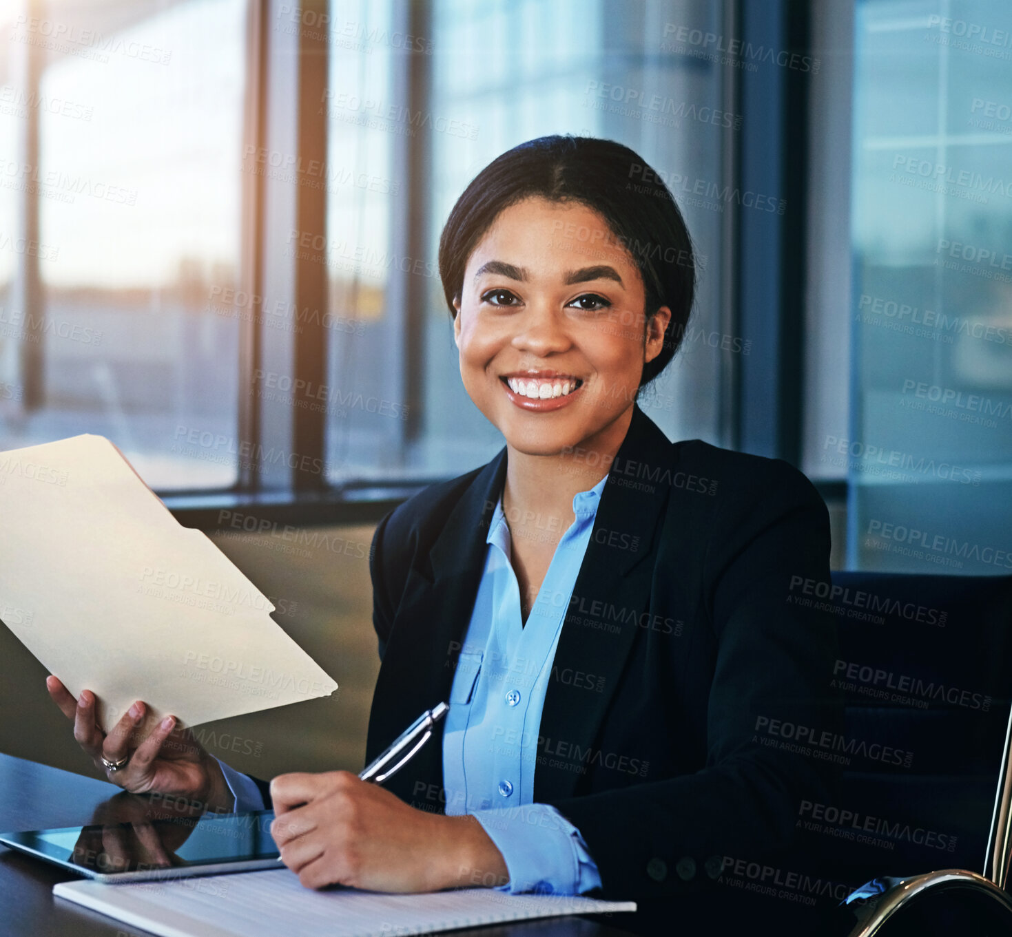 Buy stock photo African lawyer, woman and portrait with documents, writing and happy for compliance at commercial law firm. Person, advocate or attorney with smile for signature on legal report in modern office