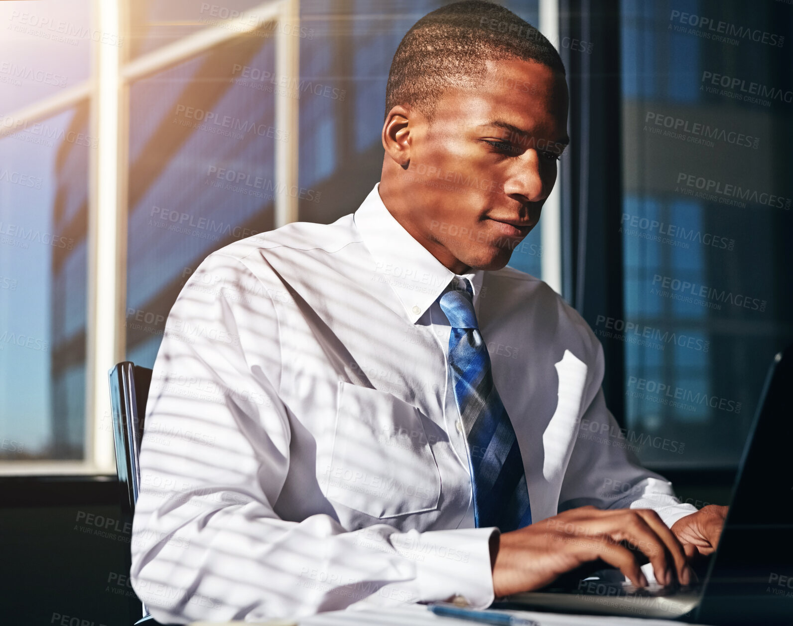 Buy stock photo Laptop, search and businessman in office typing email, planning or web, client and b2b communication. Computer, research and African male consultant online for feedback, review or schedule solution