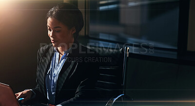 Buy stock photo Businesswoman, laptop and desk for online research at night as investment banker, project or deadline. Female person, dark and email connection in office or networking or report, review or planning