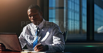 Buy stock photo Businessman, accountant and writing with laptop for finance, legal paperwork or contract at office. Black man, financial advisor or lawyer taking notes with computer or book for budget at law firm